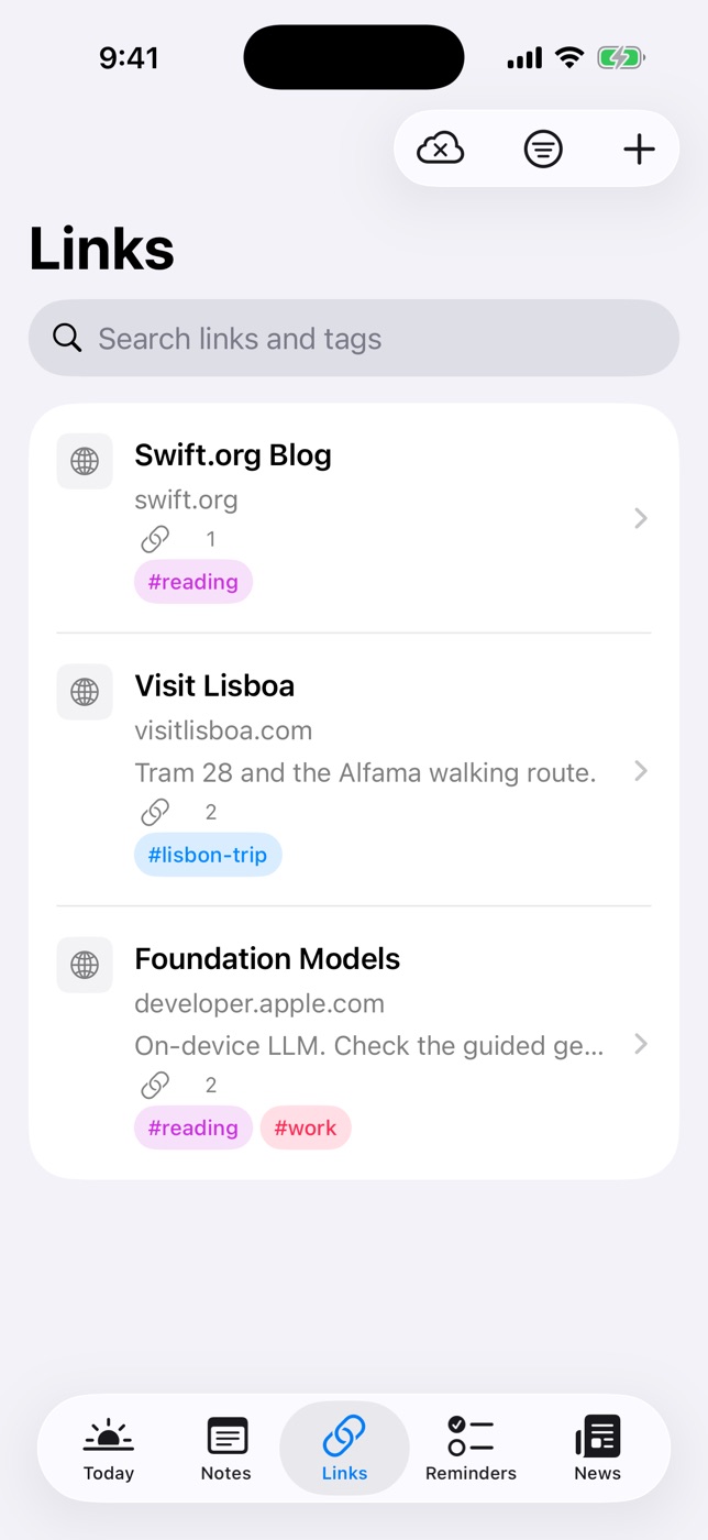 The Links tab with saved pages and tags